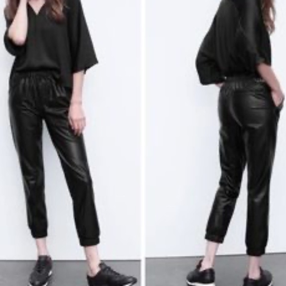 EUC Missguided Faux Leather Jogger Pants Black Drawstring Trousers Petite 8 8P - Picture 1 of 7